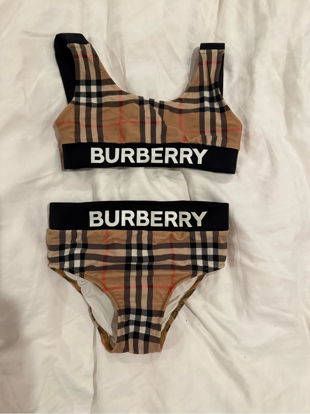 Burberry Beige Check Girls' Two-Piece Swim Set with Black Logo Band